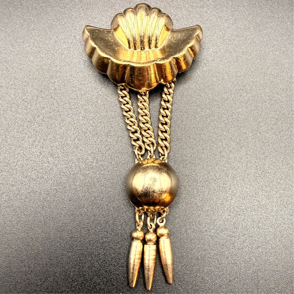 Vintage 1947 Monet Book Piece Gold Tone Shell Brooch Convertible Tassel Drop